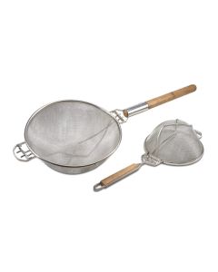 Double layered wire mesh strainer with wooden handle - stainless steel