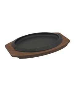 Oval enamelled cast-iron plate with wooden tray cm 28x19